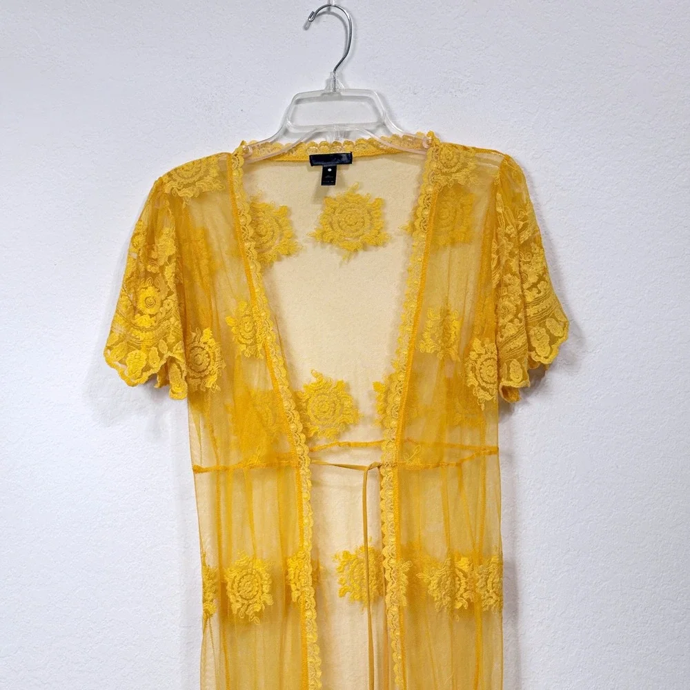 Aqua Sheer Lace Maxi Cardigan Boho Whimsigoth Coquette Festival‎ Yellow Women M